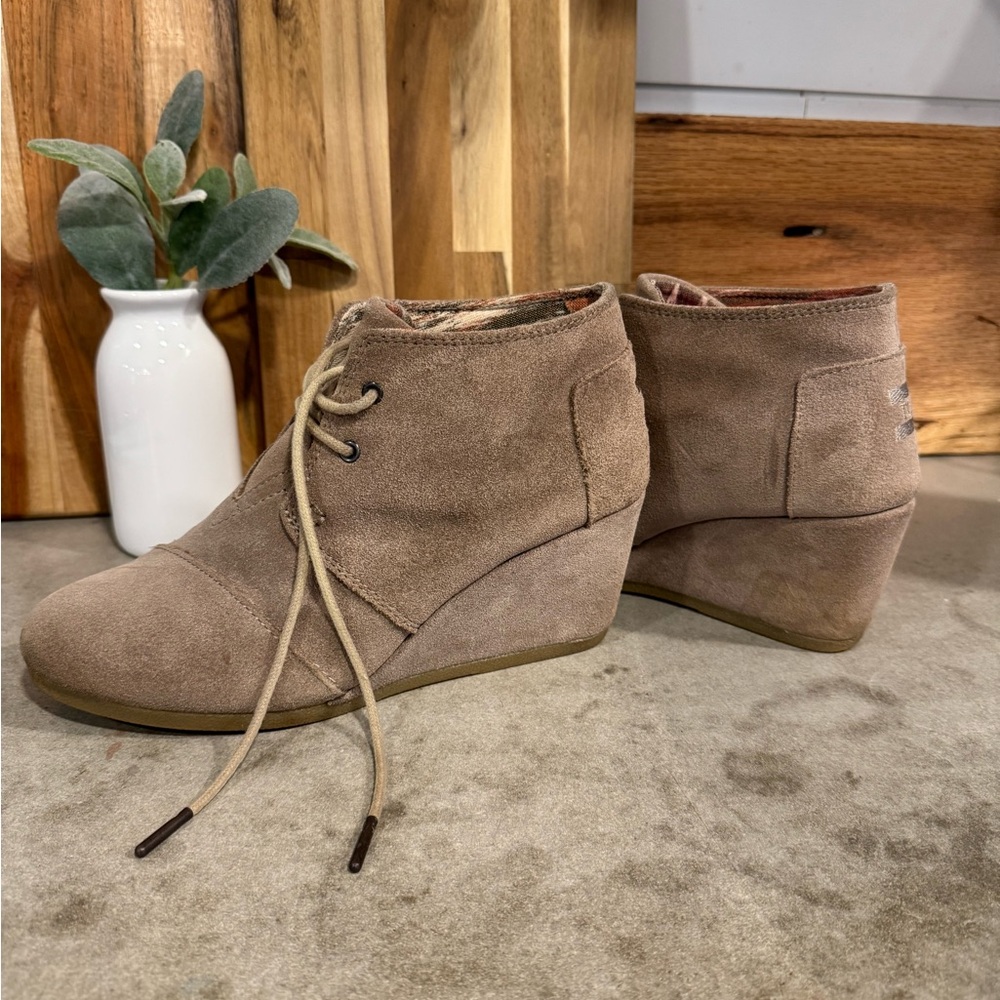 Toms Suede Wedge Booties in Taupe
